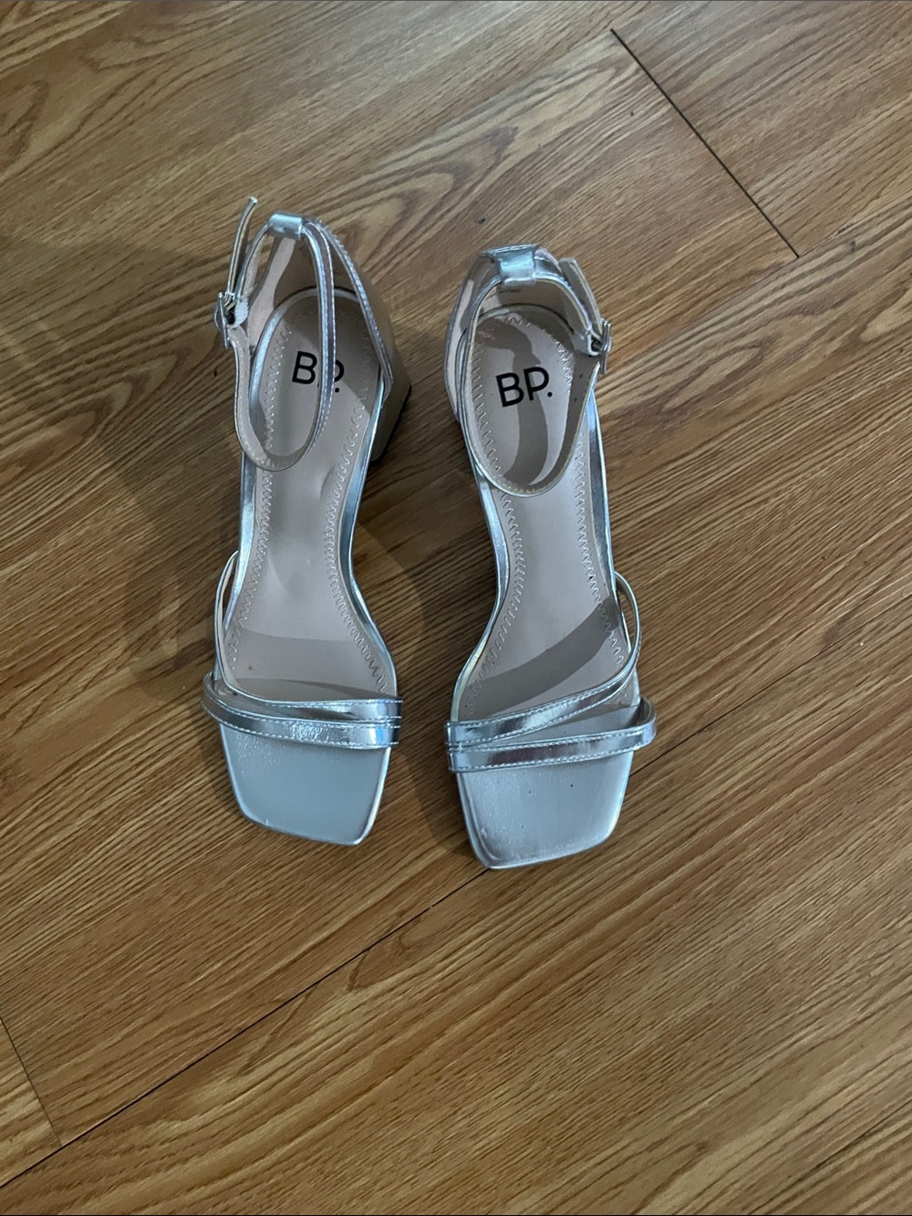 bp Metallic Silver Ankle-Strap Block Heels